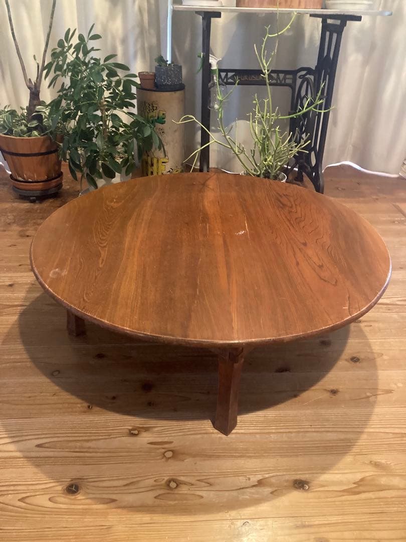 昭和レトロ　古い木製丸ローテーブル　折畳丸ちゃぶ台12直径890