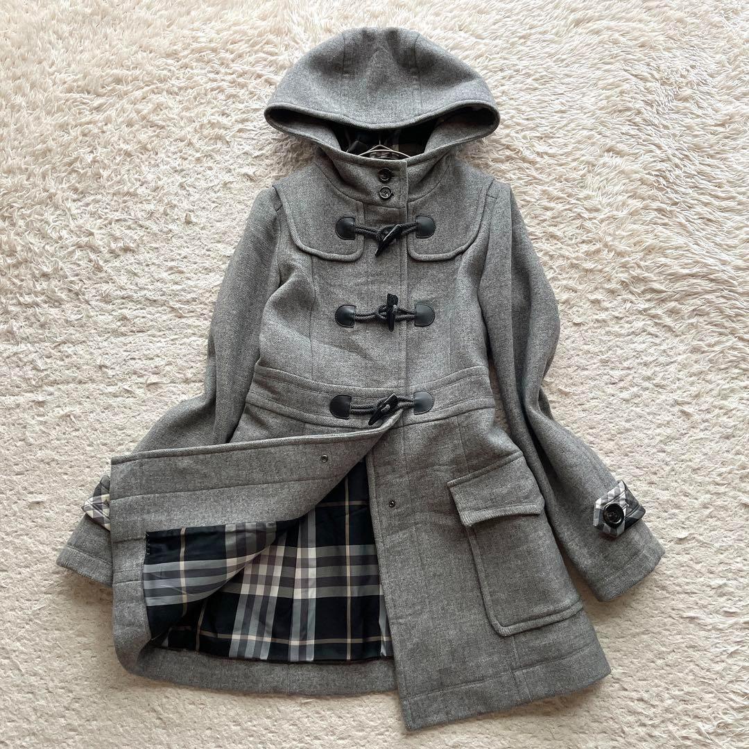 バーバリーブルーレーベル ダッフルコート ノバチェック フード アンゴラ混 38