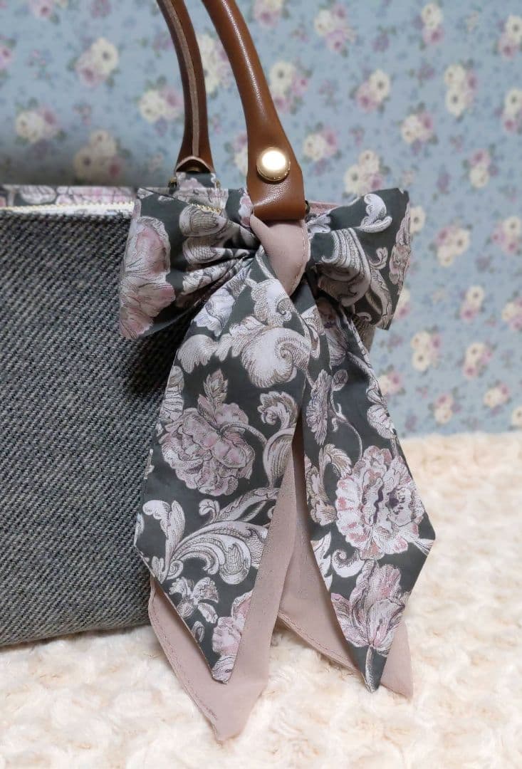 リボンスカーフ付ミニトート　仕切りポーチ付　ツイード　アレキサンダーマーブル