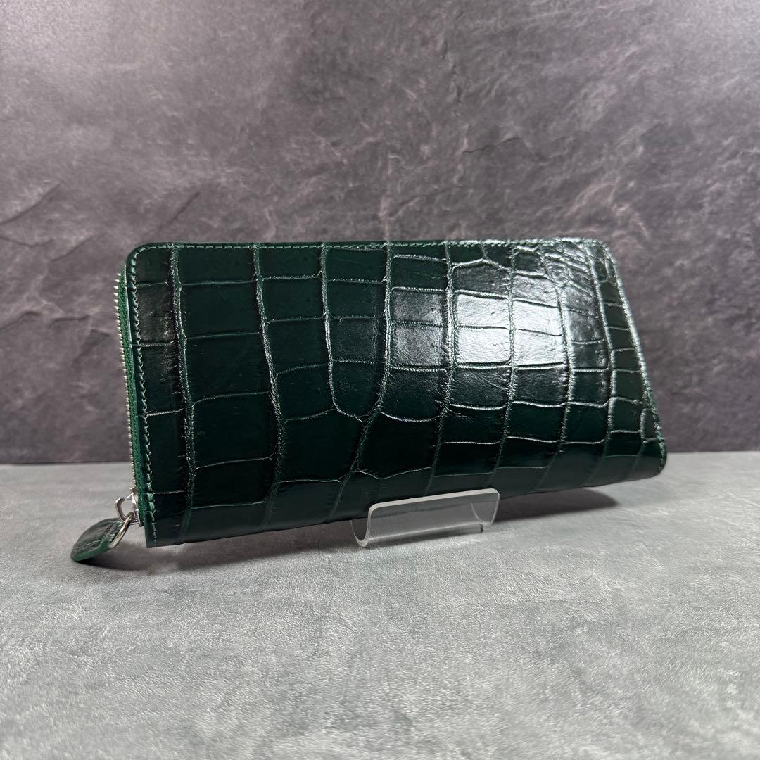 クロコダイル 長財布 ダークグリーン 緑 希少 マット仕上げ シルバーファスナー