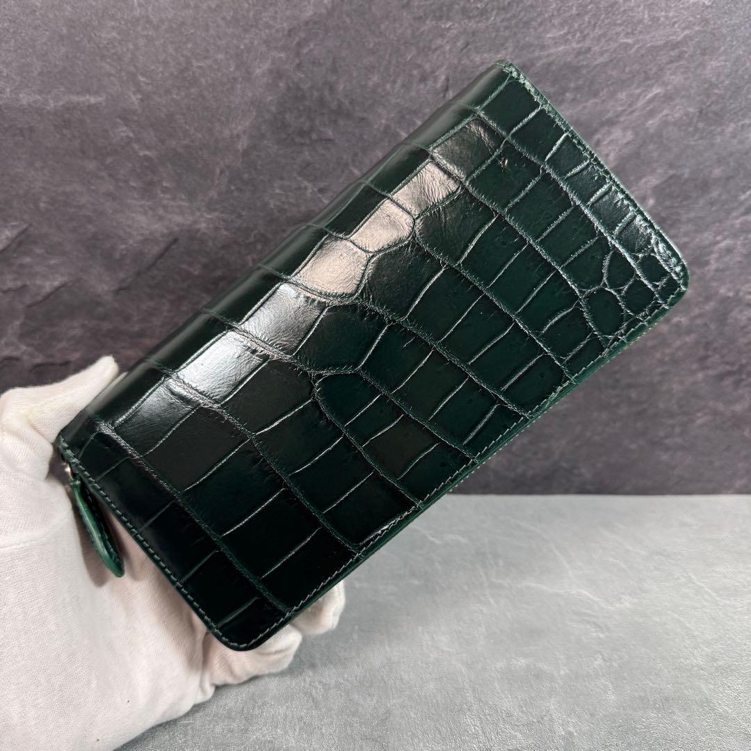 クロコダイル 長財布 ダークグリーン 緑 希少 マット仕上げ シルバーファスナー