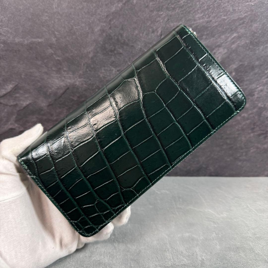 クロコダイル 長財布 ダークグリーン 緑 希少 マット仕上げ シルバーファスナー