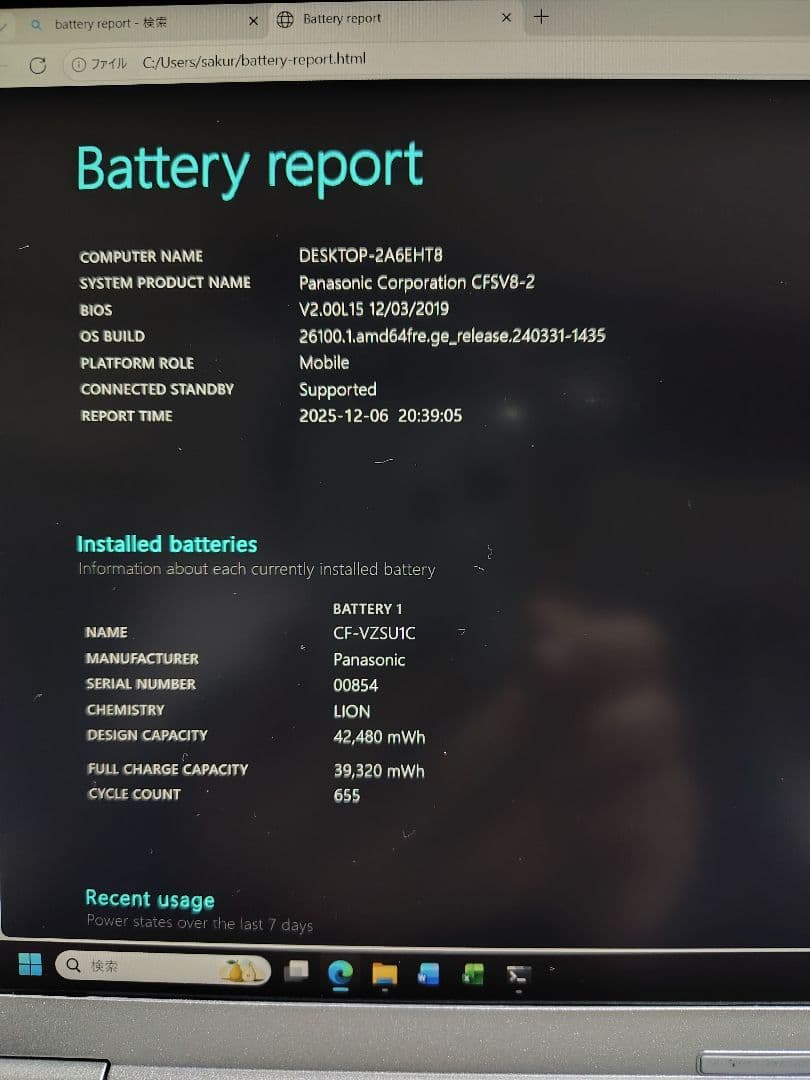 Panasonic Let's note CF-SV8 動作、バッテリー良好