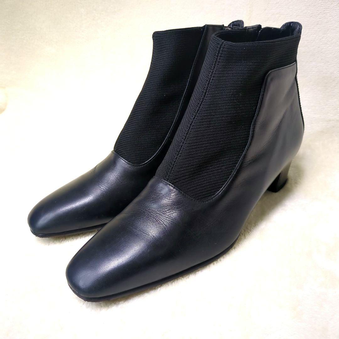 銀座ヨシノヤ【美品】24.5 外反母趾対応　レザー　ショートブーツ　サイドジップ