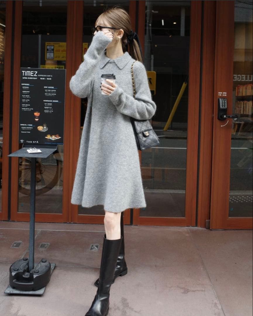 【美品】Mila Owen襟付きペプラムニットミニワンピース グレー Sサイズ