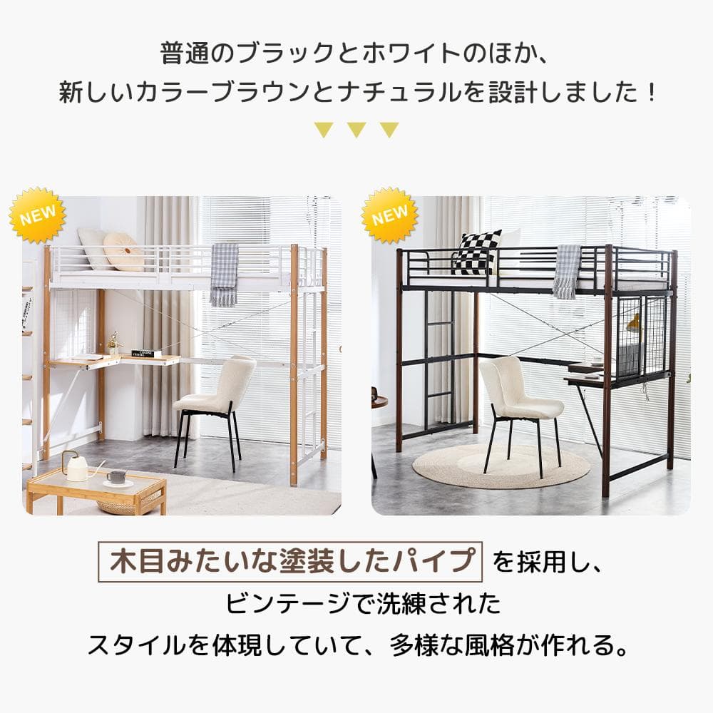 人気品大セール！デスク・スチールネット付きロフトベッド（S）収納付きWHITE