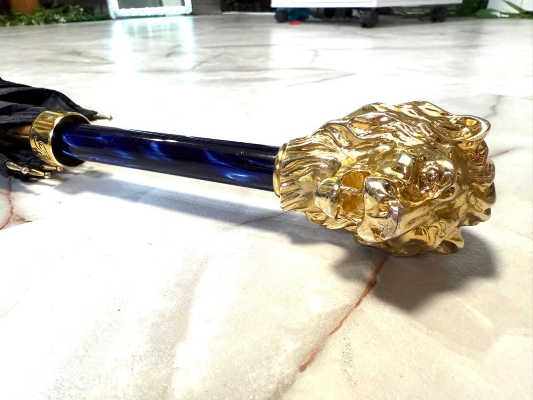 超高級傘【Pasotti】パソッティ ライオンハンドル 長傘 金 ゴールド 青