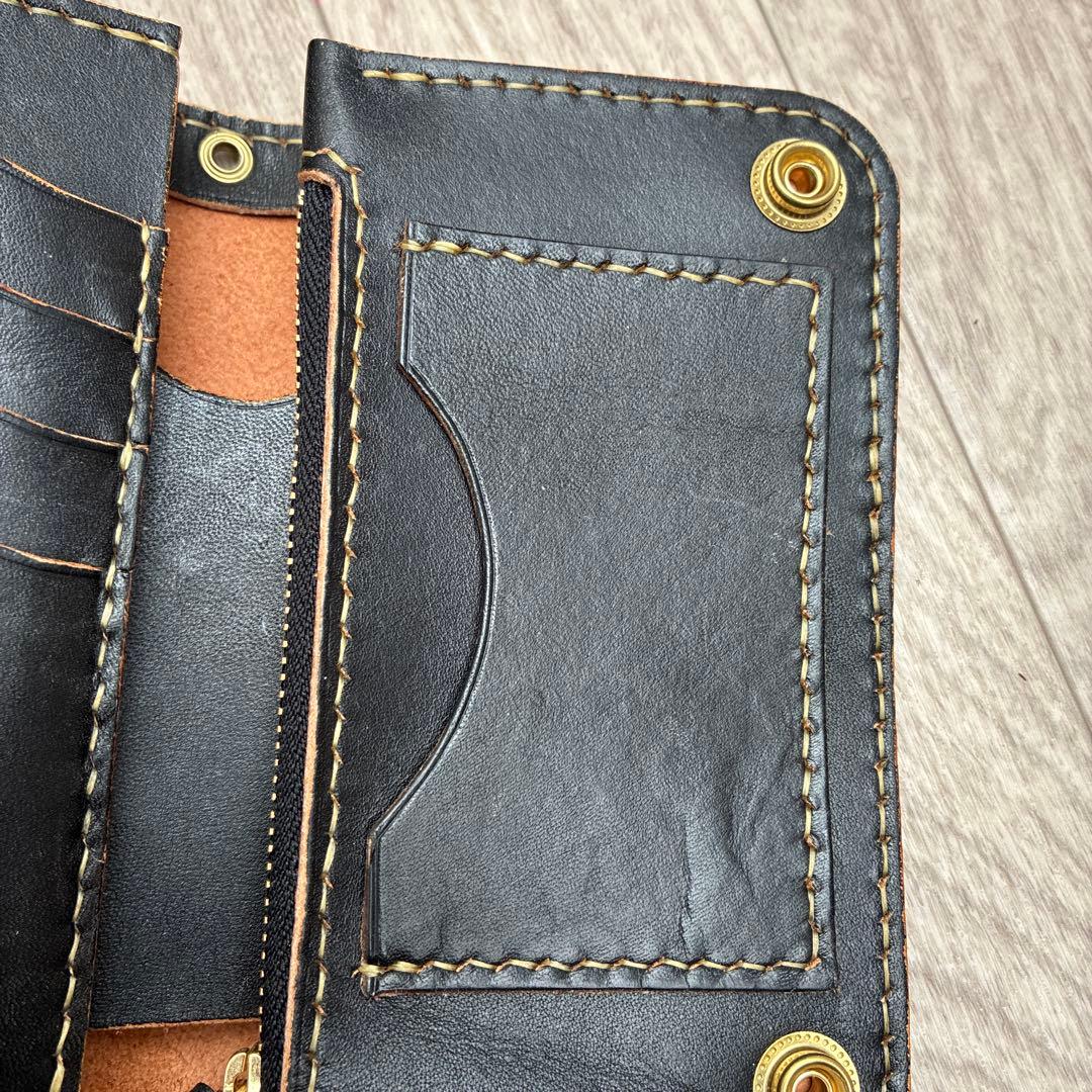 【茶芯ブラック】ミドルトラッカーウォレット　真鍮　お札を折らずに収納