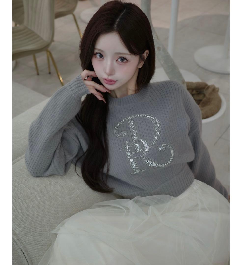 ダーリッチ　Darich DR ビジューボリュームリブニットトップス グレー