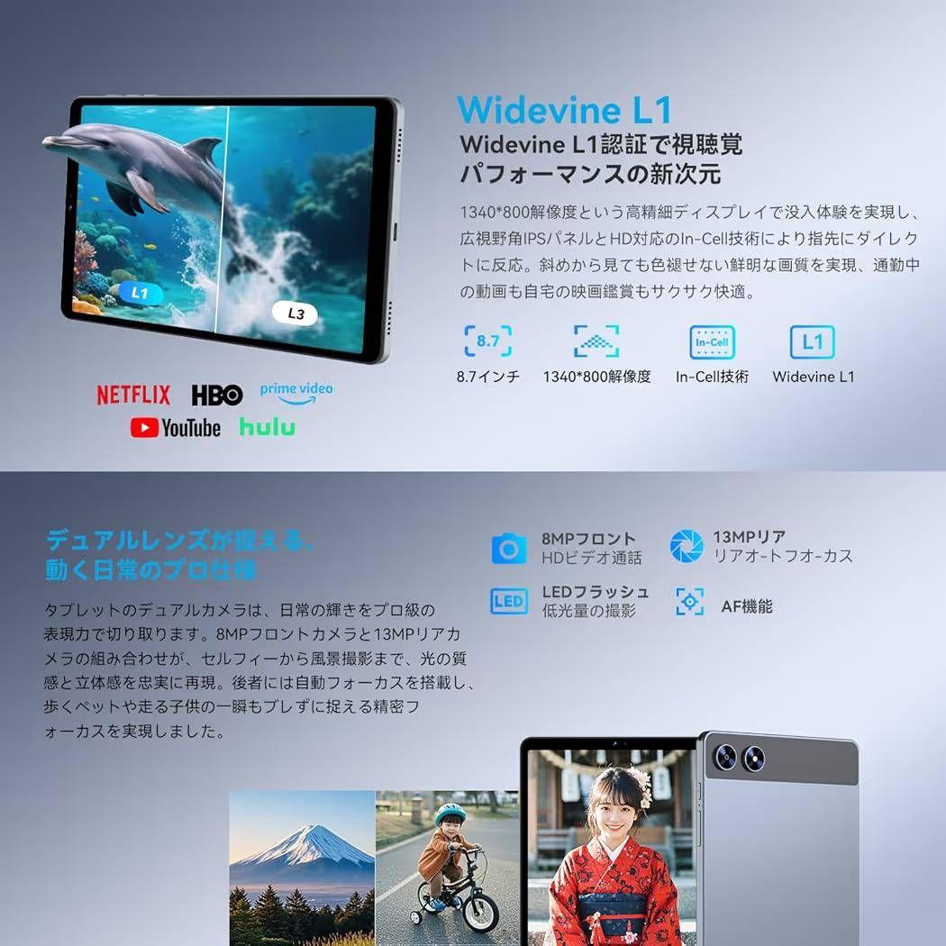 タブレット8.7インチ Android1518GB+128GB+1TB拡張可能