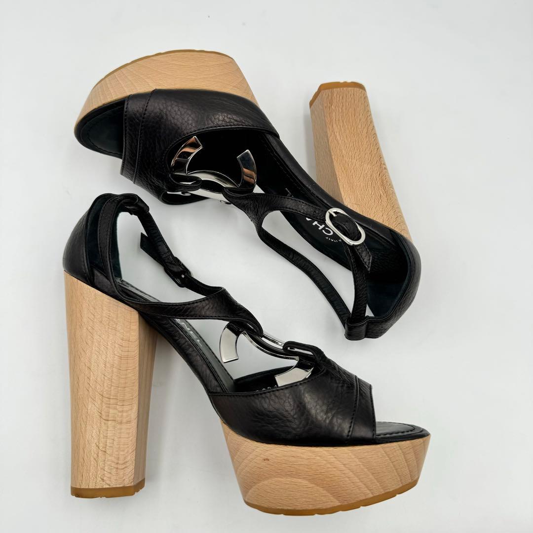 CHANEL サンダル　ココマーク　ブラック　レザー　ウッド　サイズ34 1/2