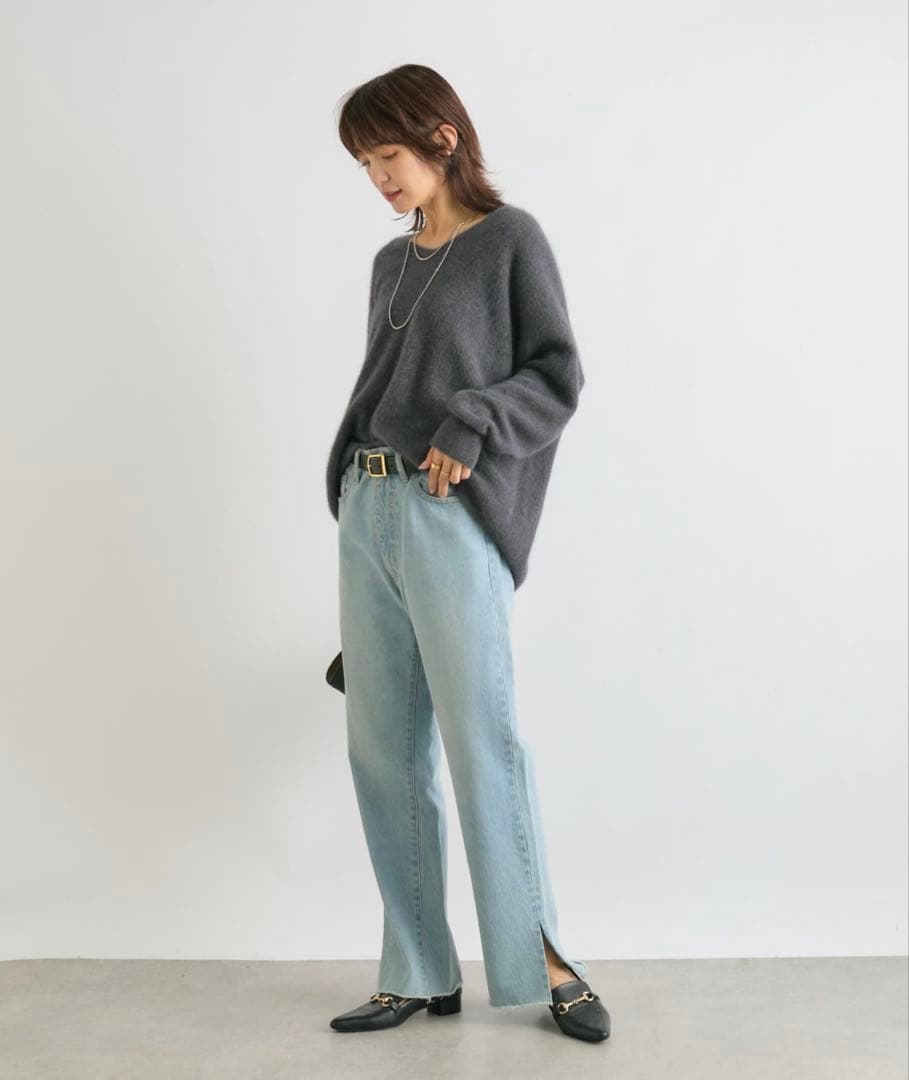 【新品・タグ付】リヴドロワ ヘアリーウール片畦Vネックニット チャコールグレー