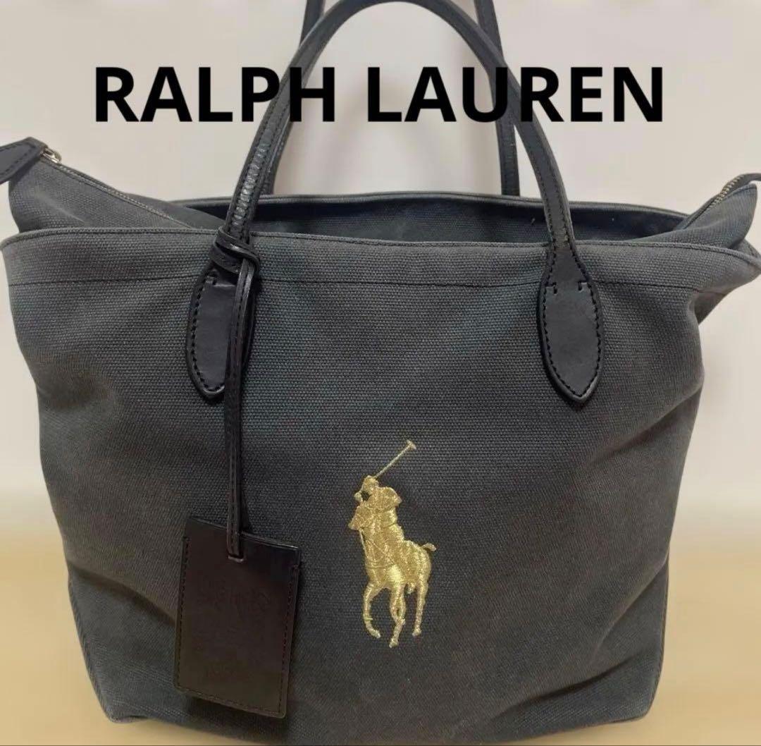希少 RALPH LAUREN トートバッグ レザー キャンバス ゴールド刺繍