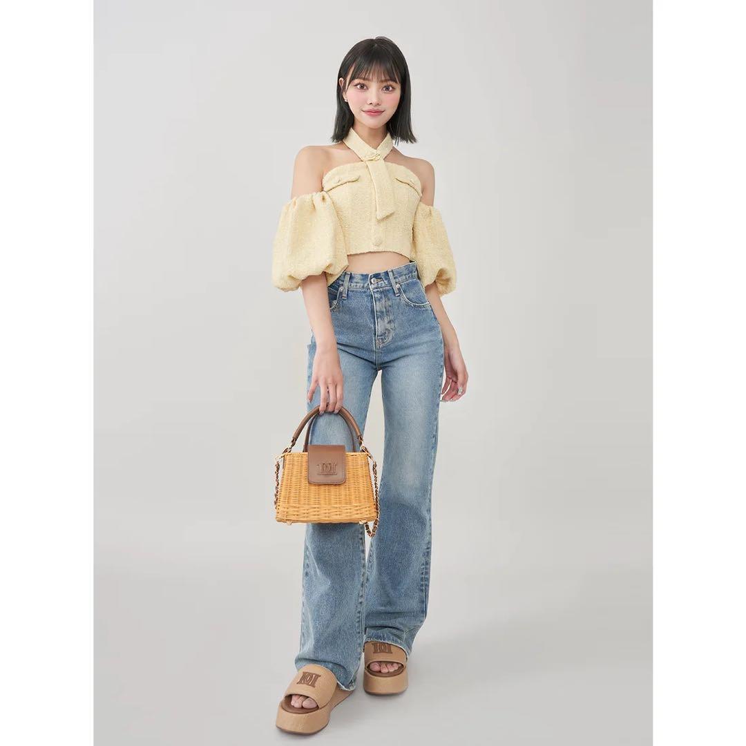 新品タグ付 ダーリッチ イエロー ホルターネックオフショルツイードトップス