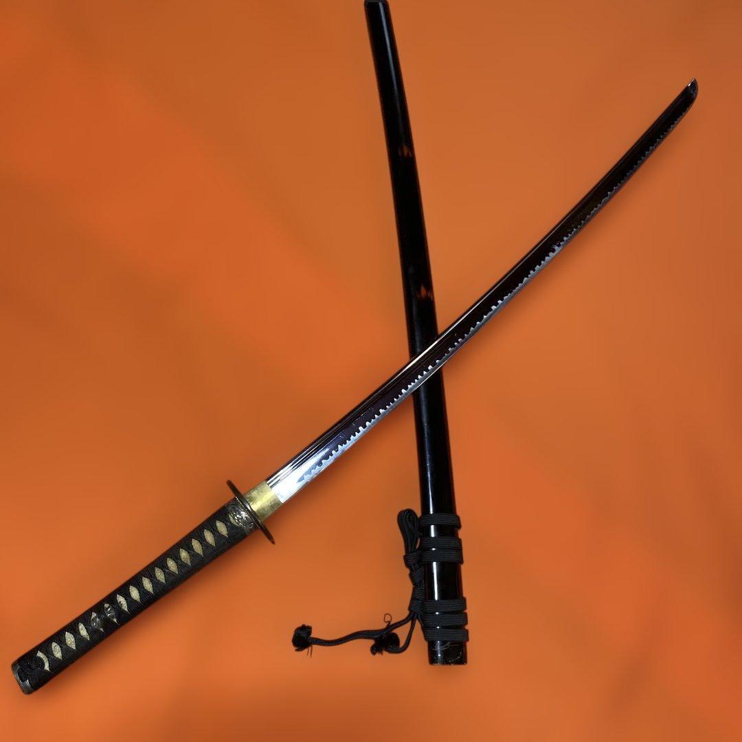 居合刀 黒柄 日出鳥木波図丸鍔 点炎黒呂鞘