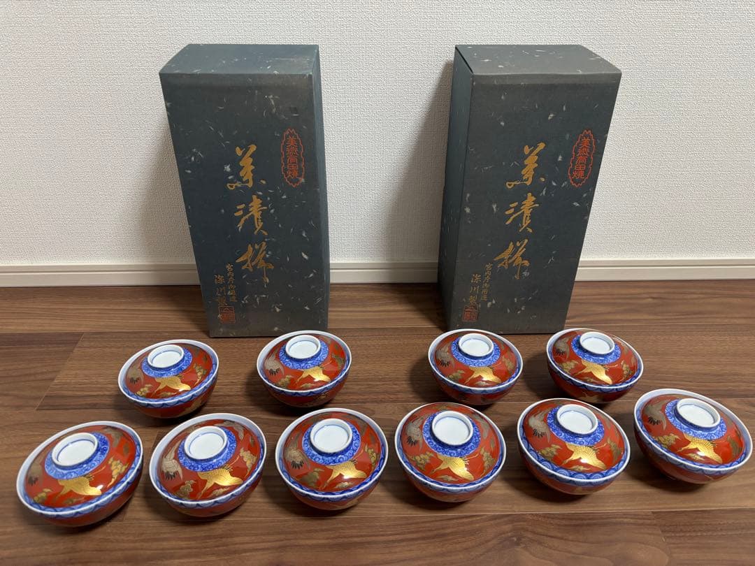 深川製磁　茶漬揃　染錦手波鶴紋　赤絵金彩　美術有田焼