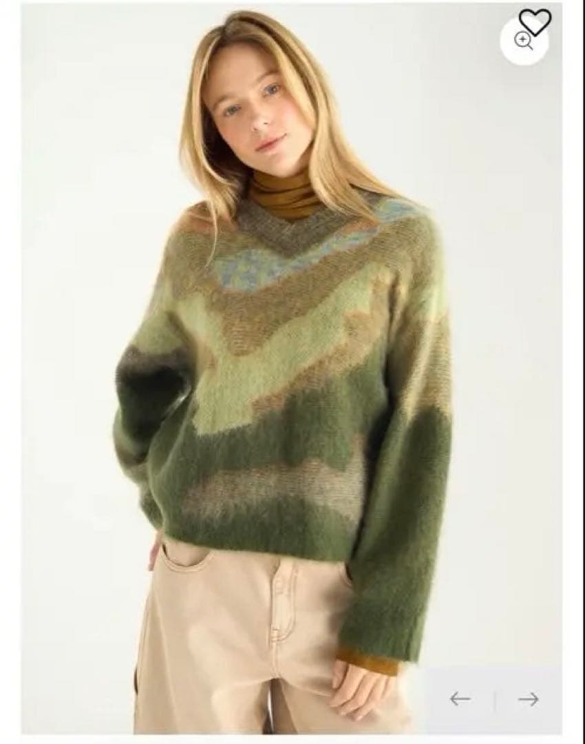 cotelac オリーブグリーン カモフラ Vネックセーター