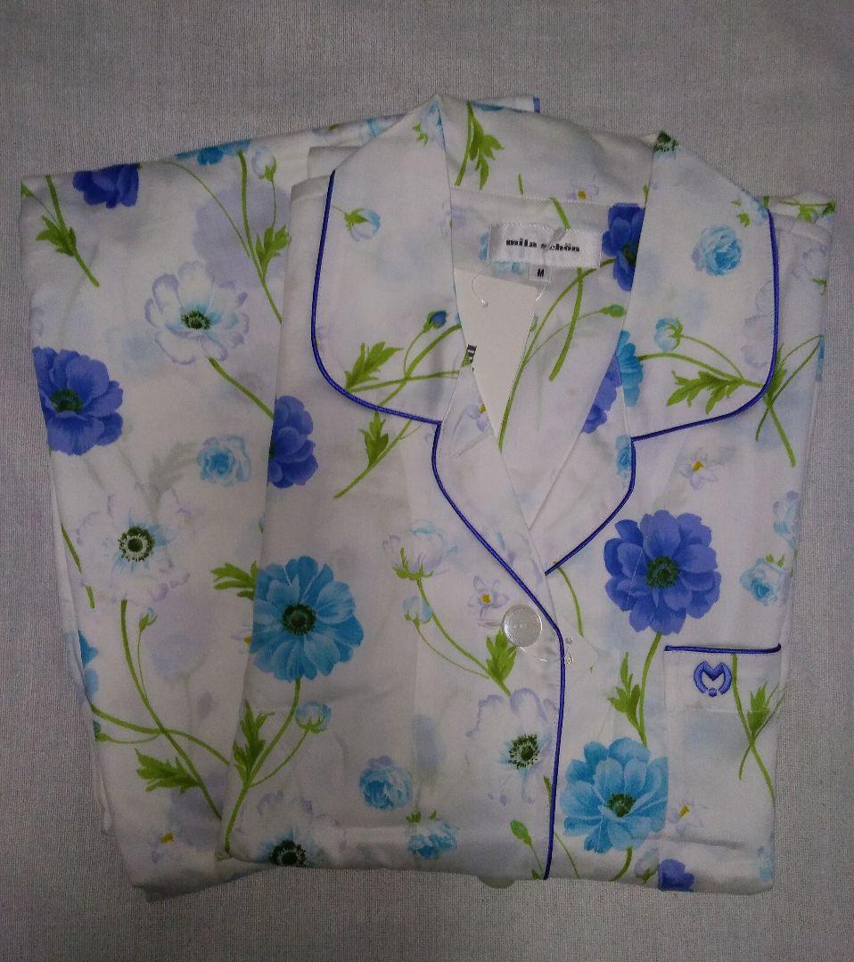 新品タグ付き☆ミラショーン　パジャマ上下　コットン綿サテン　Mサイズ　花柄ブルー