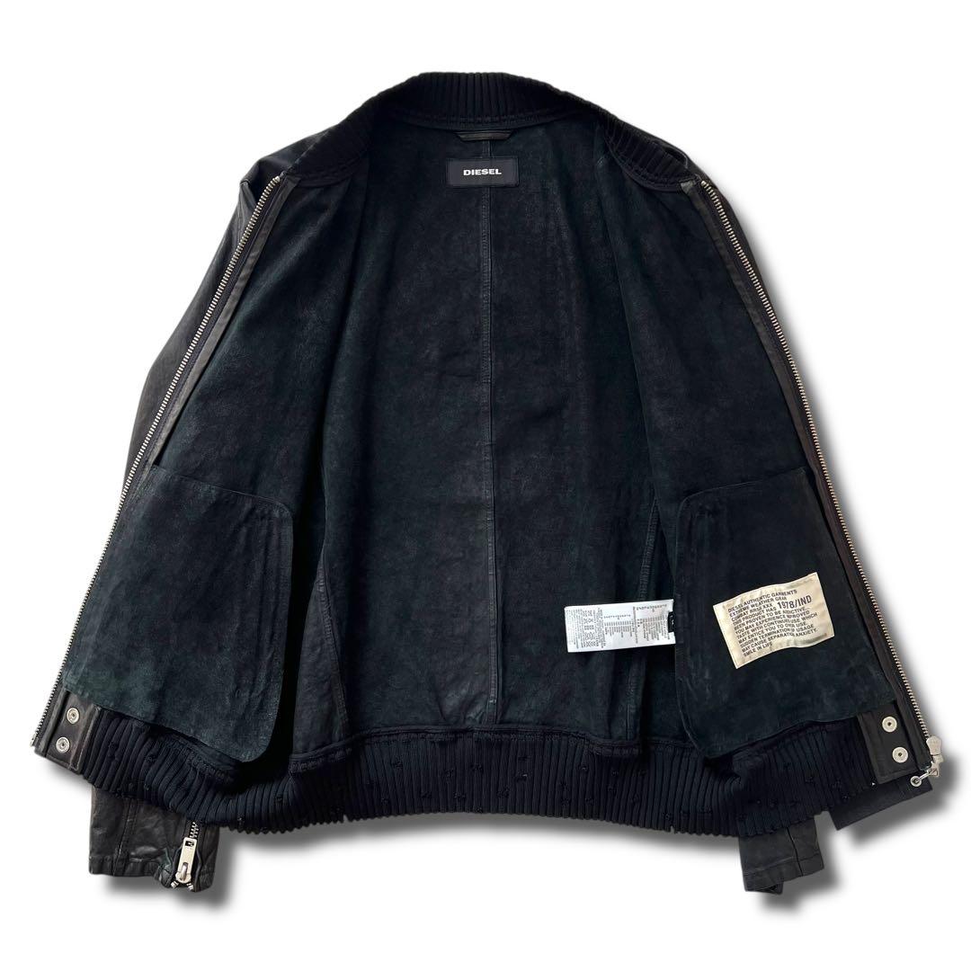 良品 DIESEL ラムレザー ボンバー ジャケット M リブ ダメージ加工