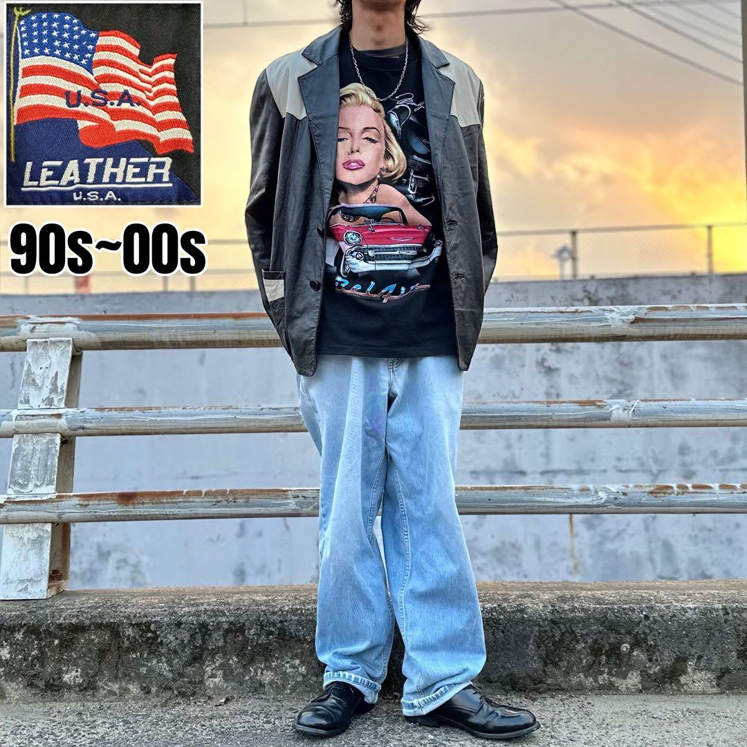 希少 90s~00s 2トーン 切り替え レザー スポーツジャケット カーコート