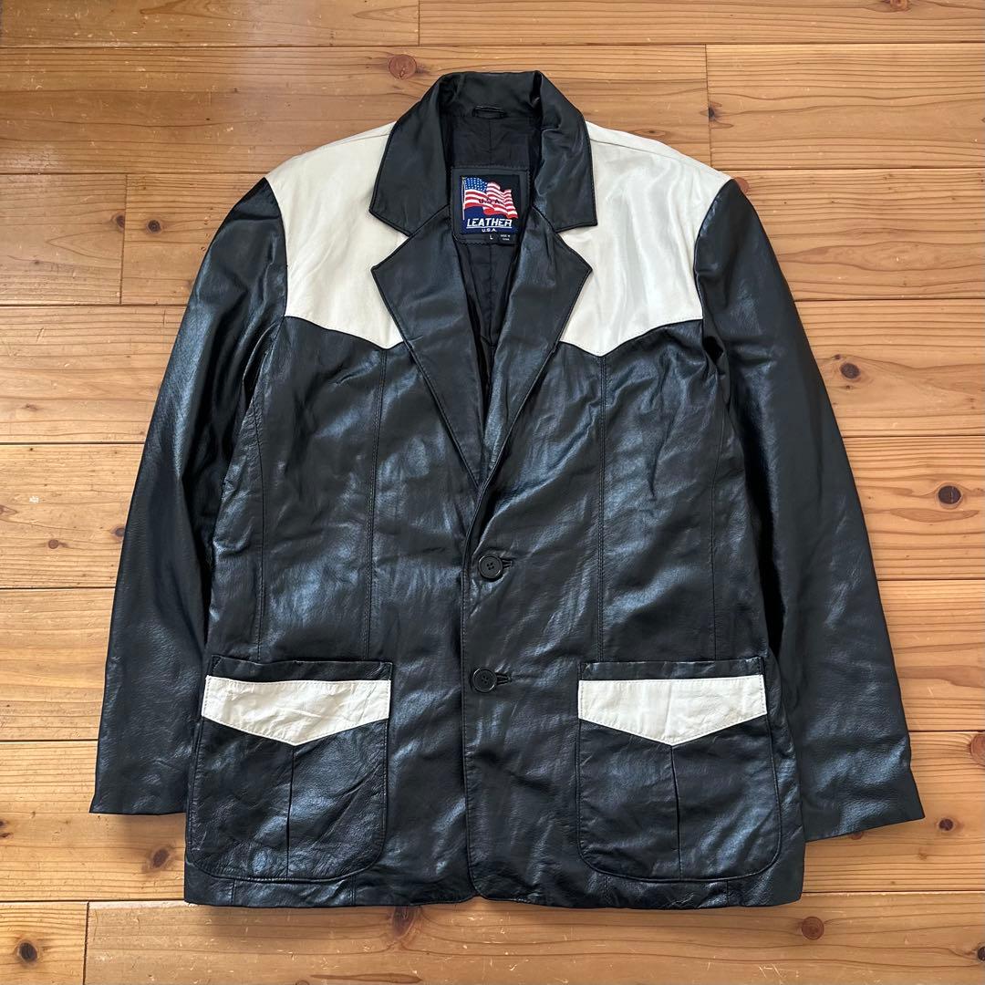 希少 90s~00s 2トーン 切り替え レザー スポーツジャケット カーコート