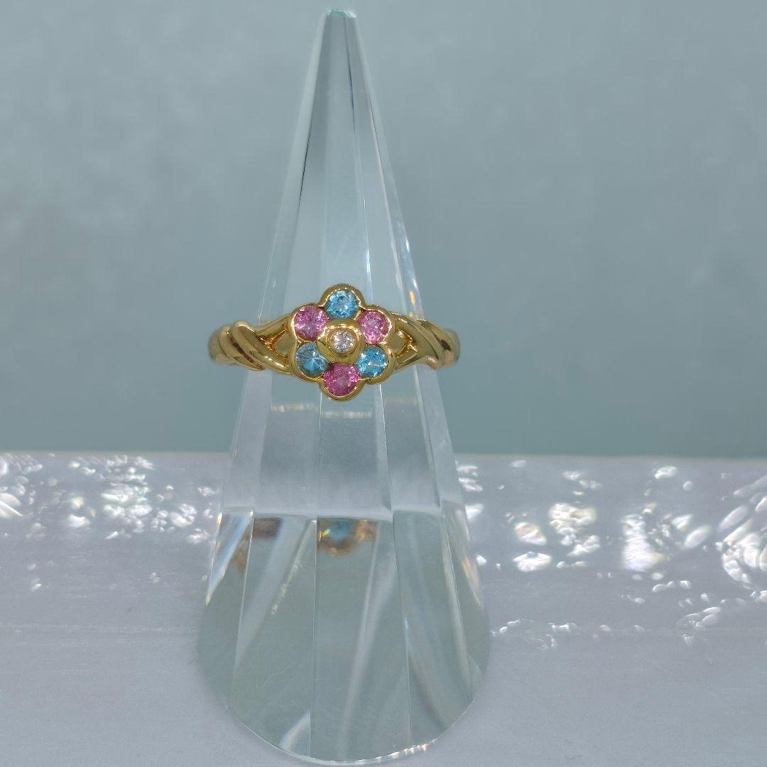 ◆新品◆ K18 ブルートパーズ＆ピンクトルマリン＆ダイヤ リング