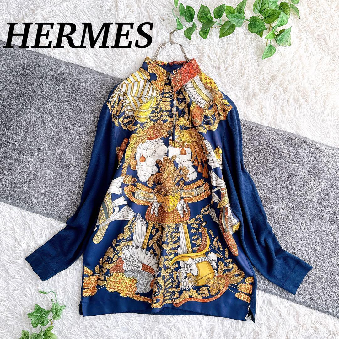 オールド エルメス ニット　切替　異素材　シャツ　ブラウス　シルク　カシミヤ　M