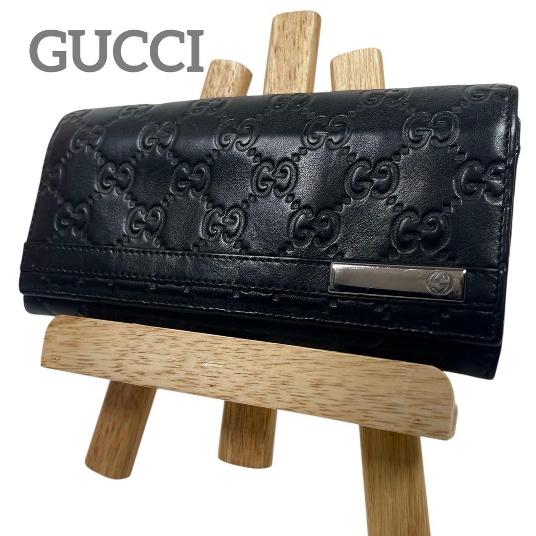 グッチ　ロゴプレート 長財布　GGシマレザー　エンボス加工　本革　ブラック　美品