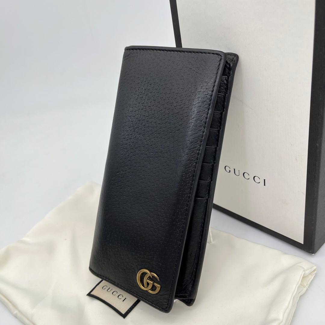 GUCCI 長財布 フラップ マーモント GG金具 ブラック レザー 男女可能