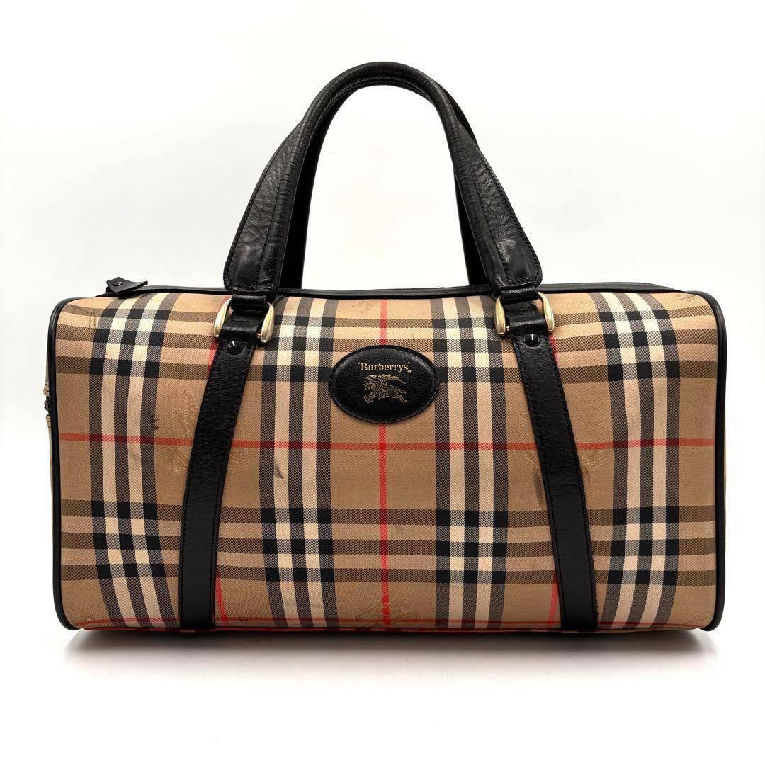 【美品】バーバリー ボストンバッグ ノバチェック ホースロゴ レザー キャンバス