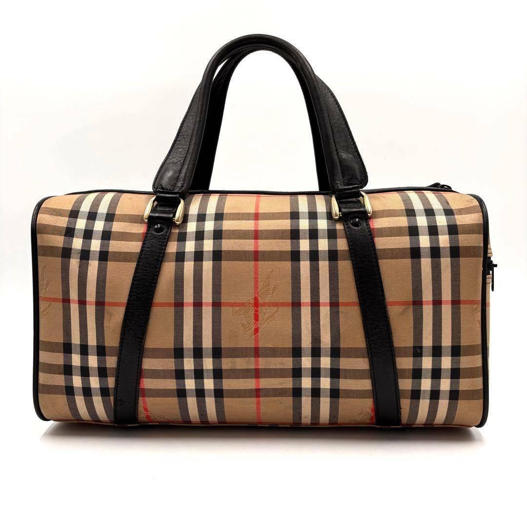 【美品】バーバリー ボストンバッグ ノバチェック ホースロゴ レザー キャンバス