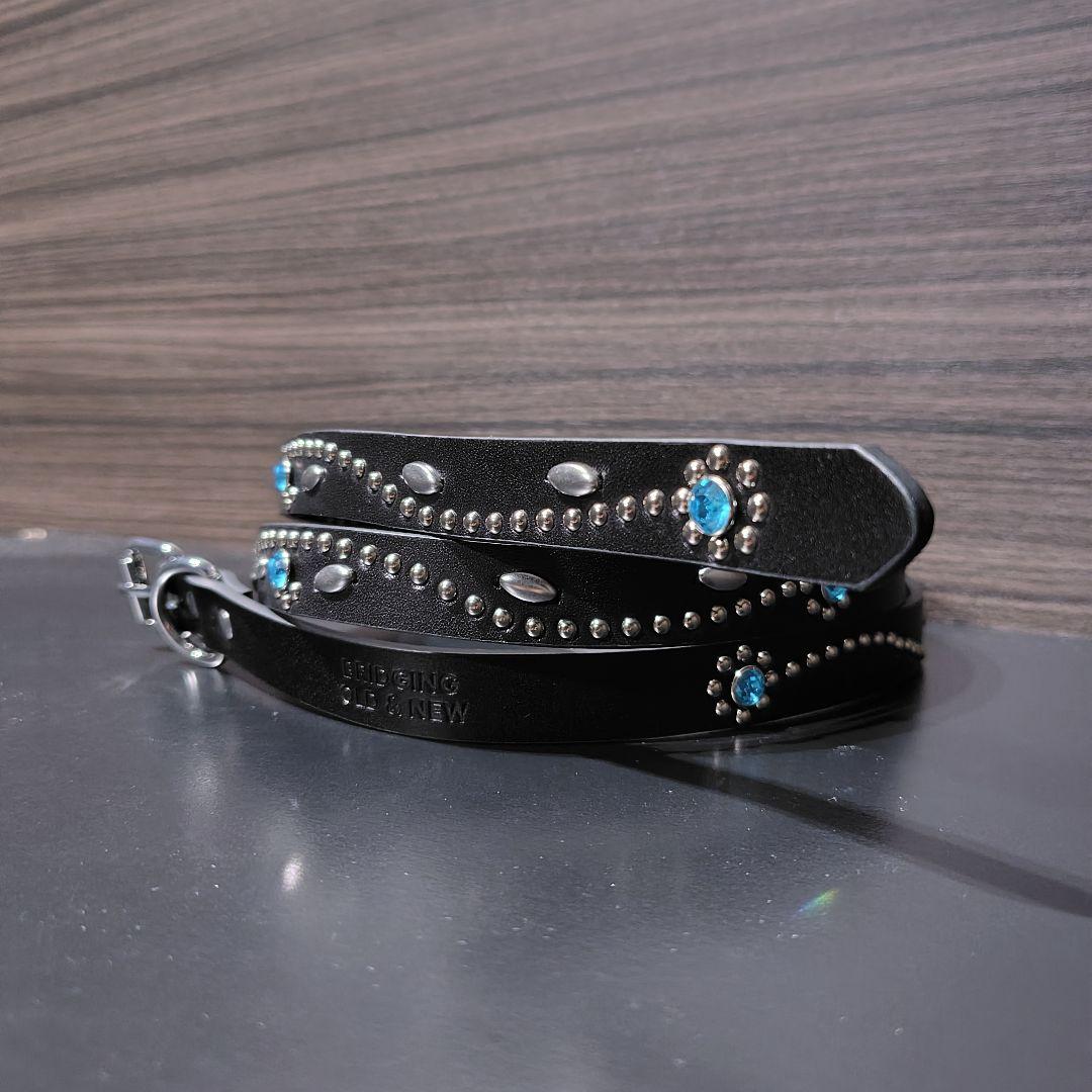 フラワー青■本革レザーフルスタッズナローベルト☆シルバーアクアマリンフローラル