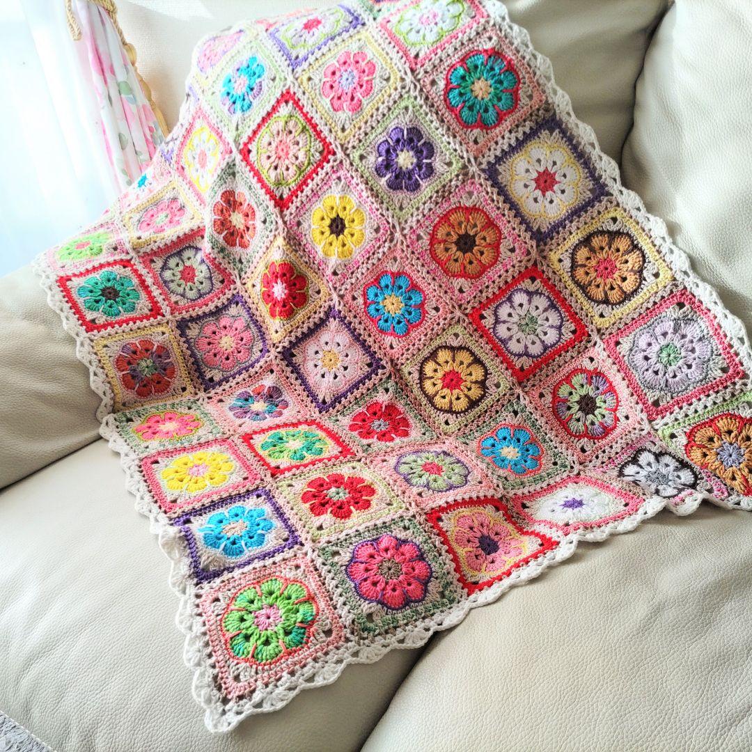 手編みブランケット★アフリカンフラワー★かぎ針編み★カラフル★ひざ掛け