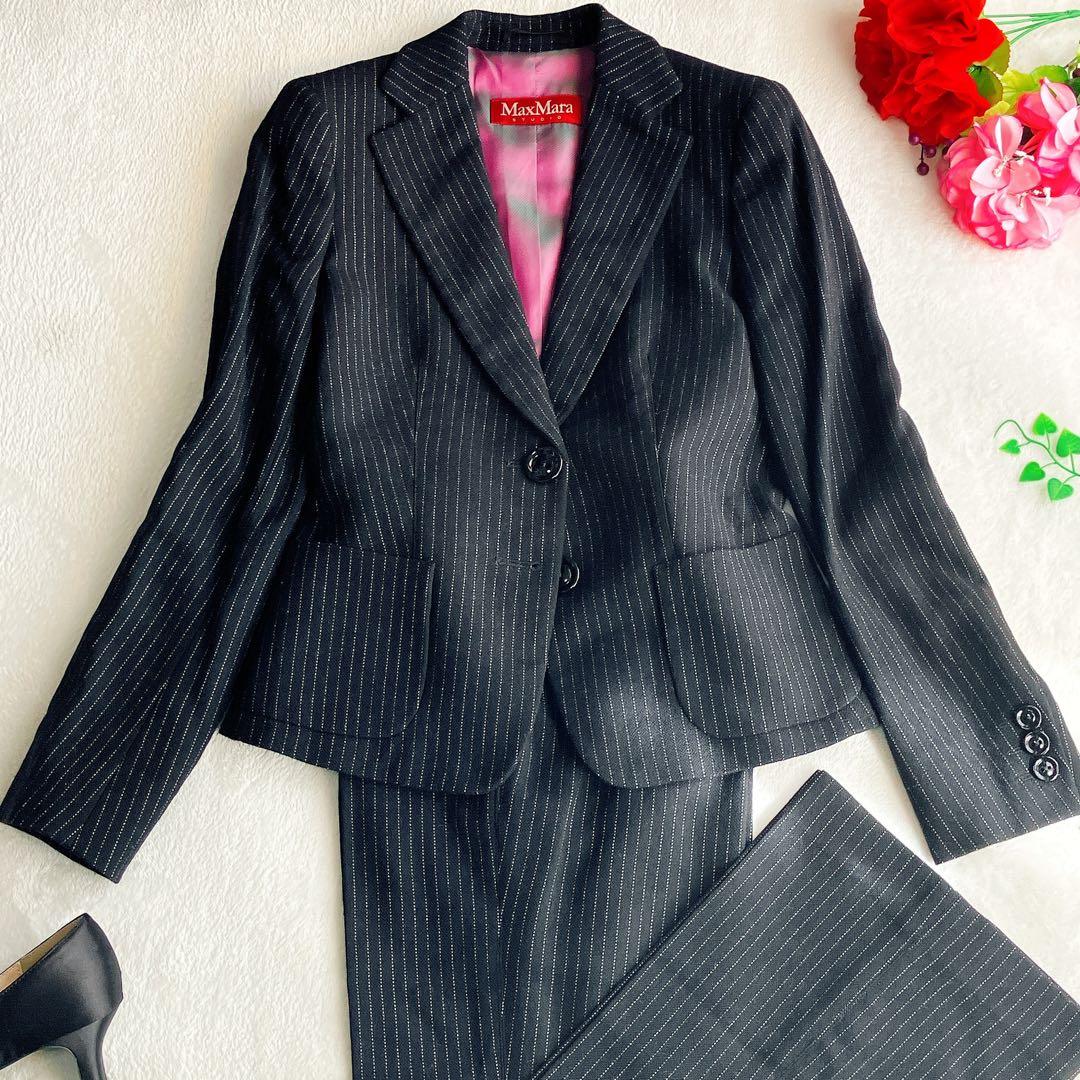 【美品】マックスマーラ★パンツスーツ ウール ストライプ 裏地玉虫 ワイドパンツ