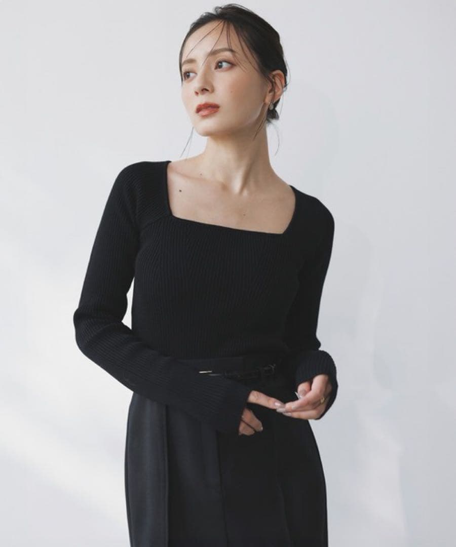 anuans カシミヤブレンドデコルテリブニットプルオーバー　ブラック