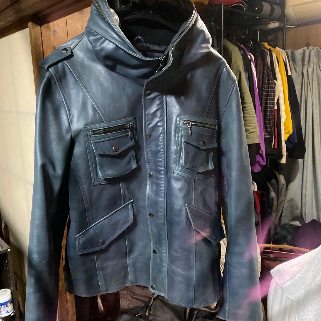 ダークブルー レザー シングルライダースジャケット