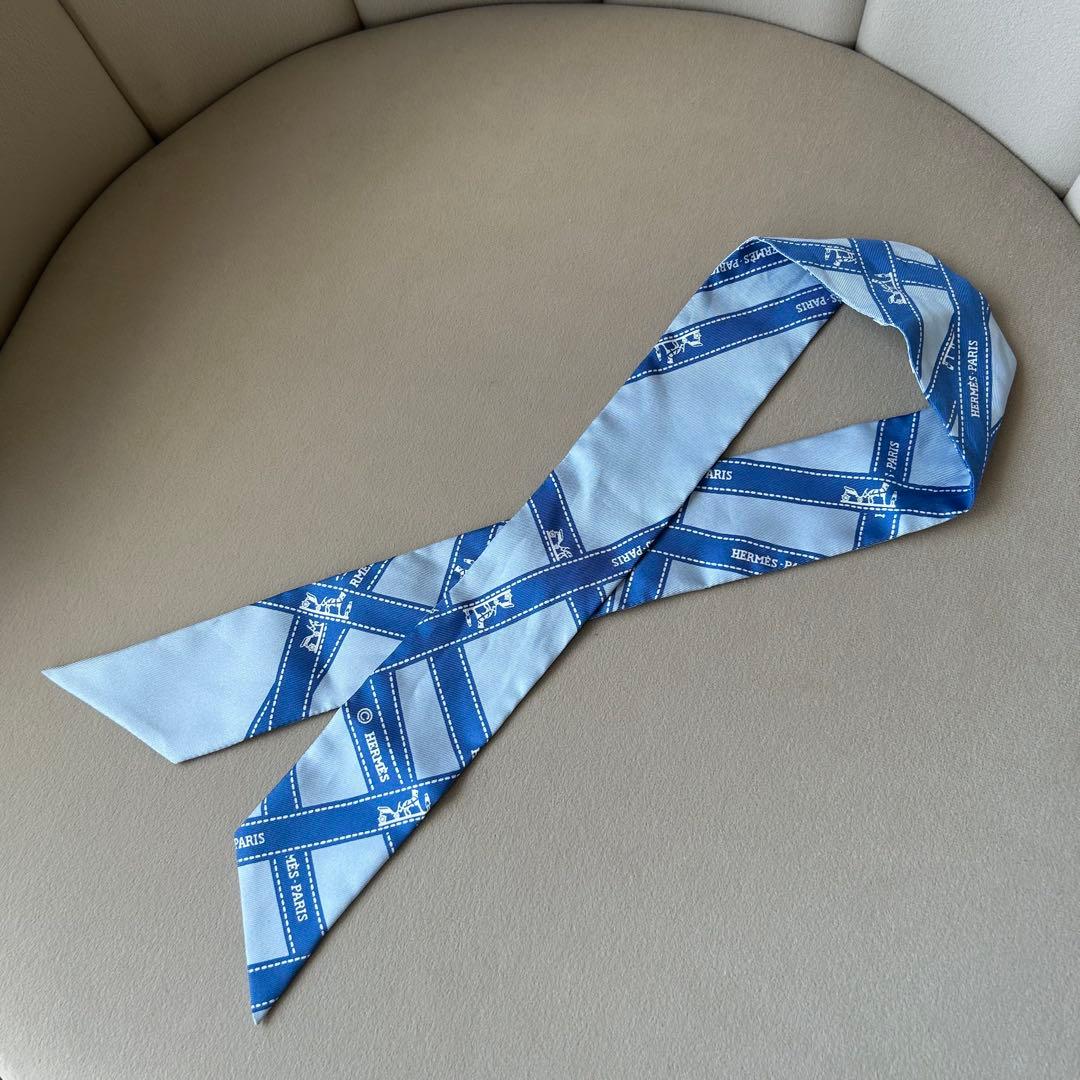 HERMES エルメス シルク ツイリースカーフ ブルー系