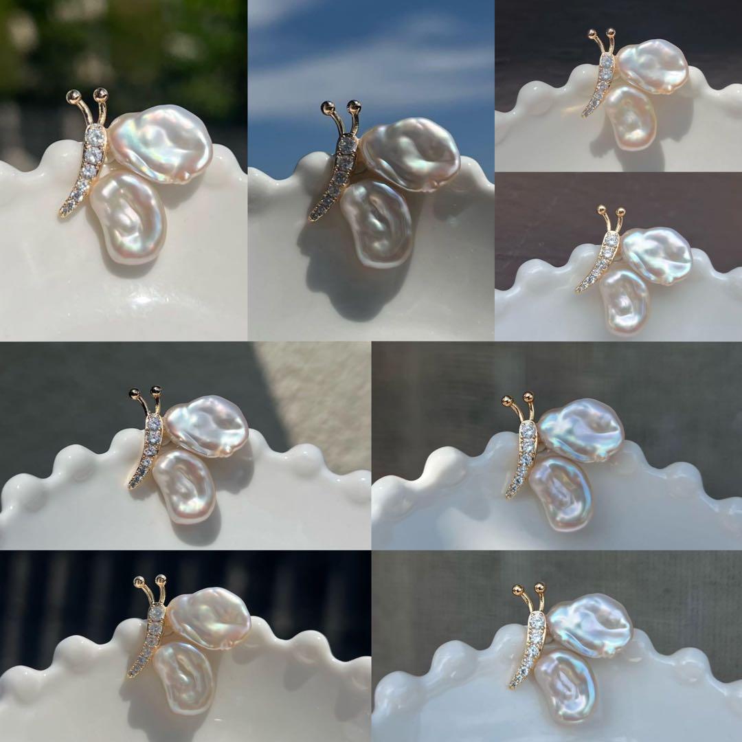 葉子様3点まとめ商品オイスターパールフックピアス　ペンダントトップ　蝶々ブローチ