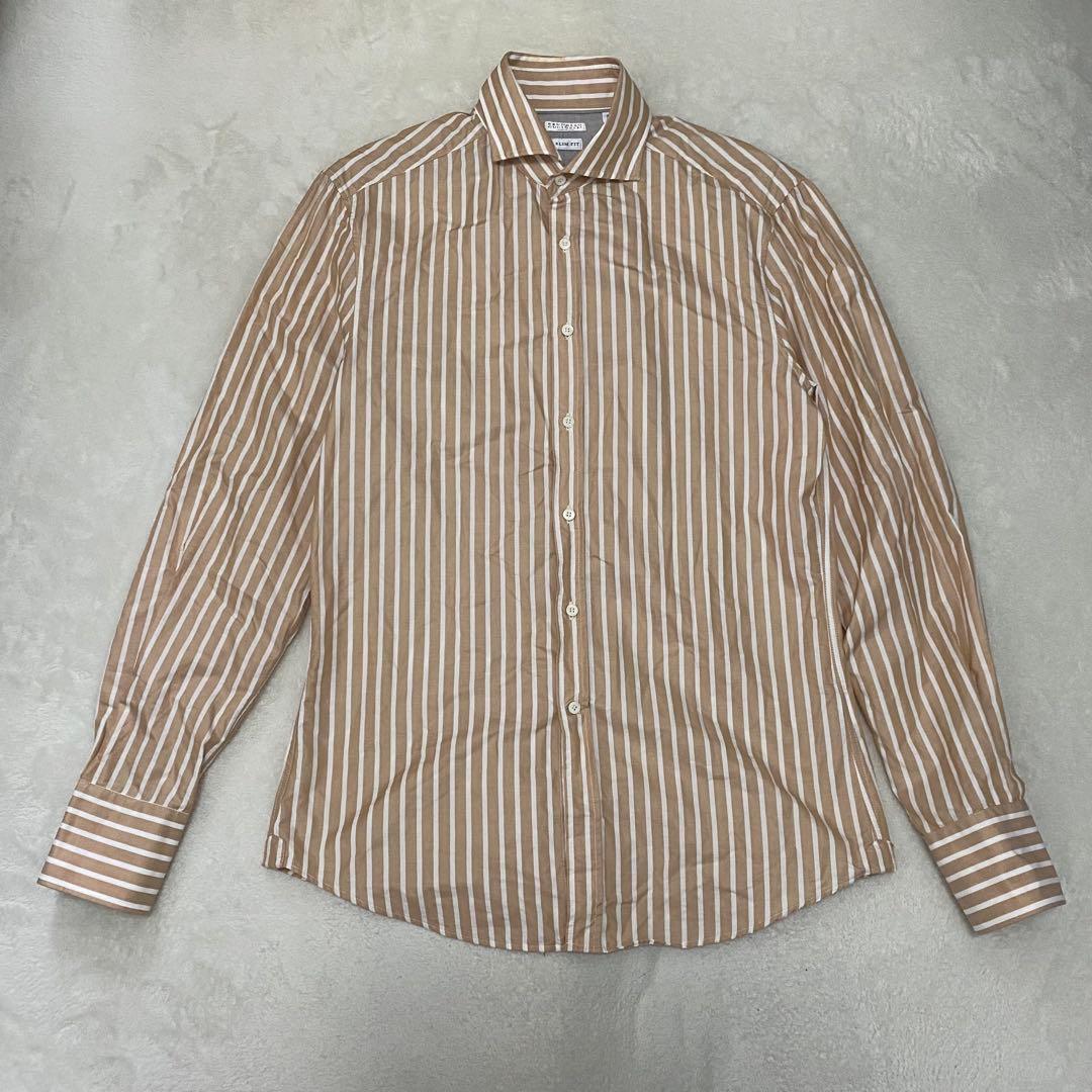 ブルネロクチネリ ストライプシャツ スリムフィット ライトブラウン コットン S
