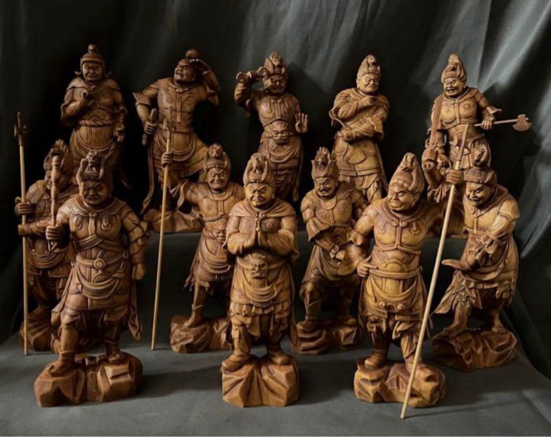 総柘植材 精密細工 古美術 時代木彫 仏教美術 薬師12神将像一式