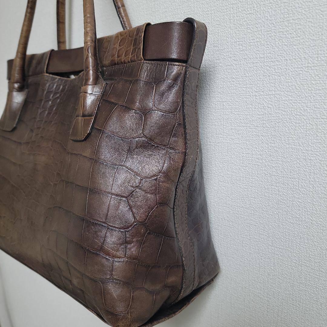 FURLA クロコダイル 型押し レザートートバッグ Fロゴ ブラウン 本革