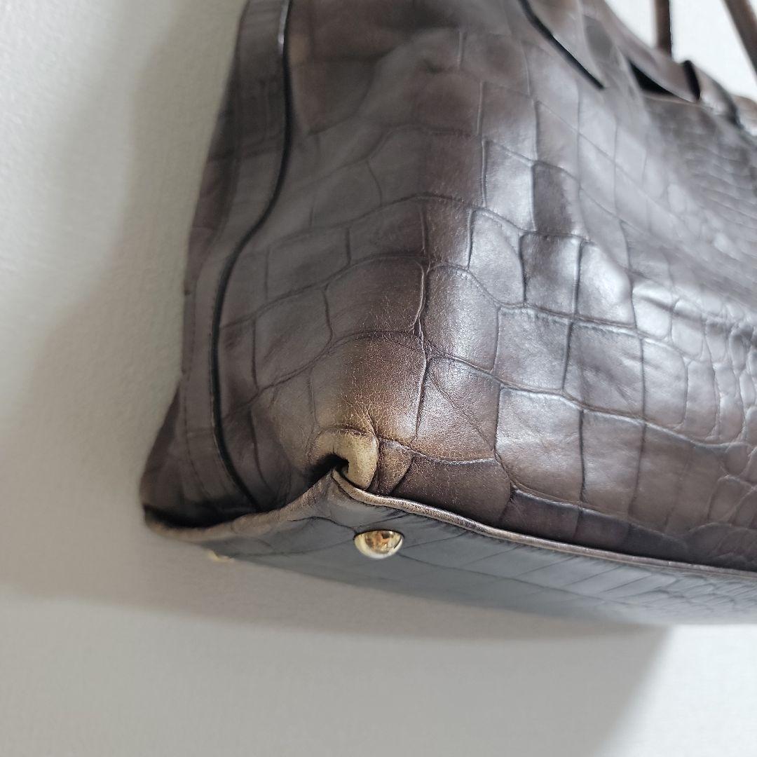 FURLA クロコダイル 型押し レザートートバッグ Fロゴ ブラウン 本革