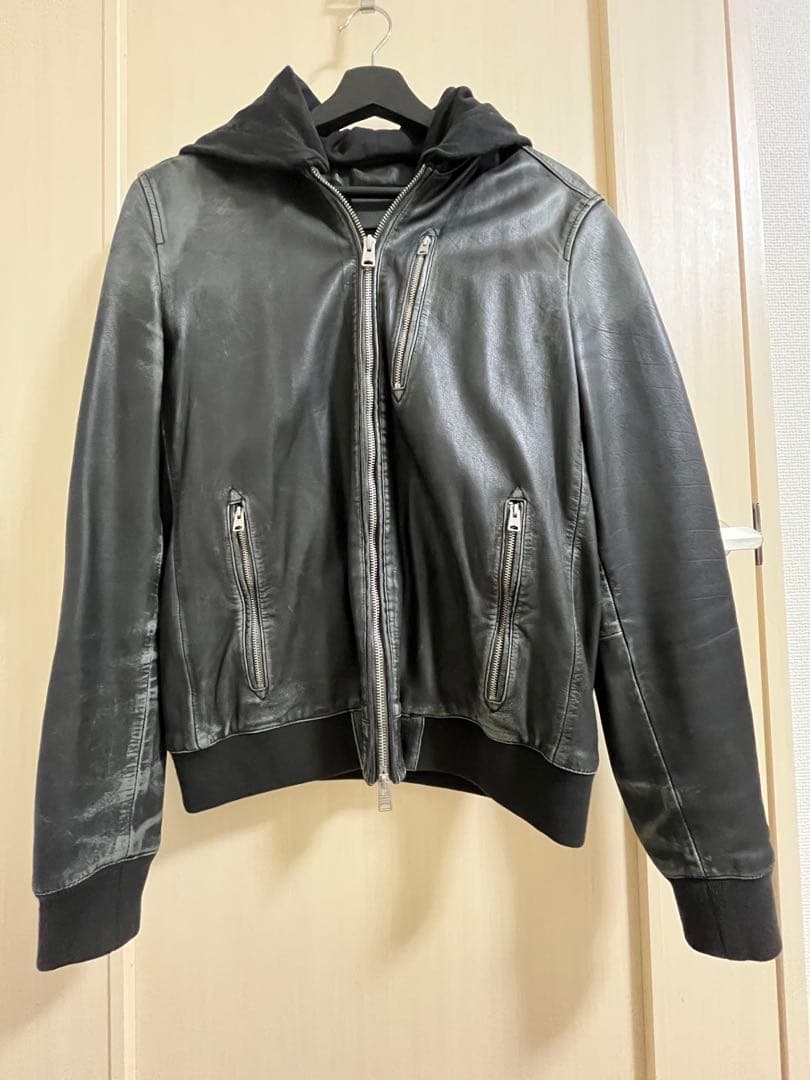 オールセインツ フード付き ブラックレザージャケット S