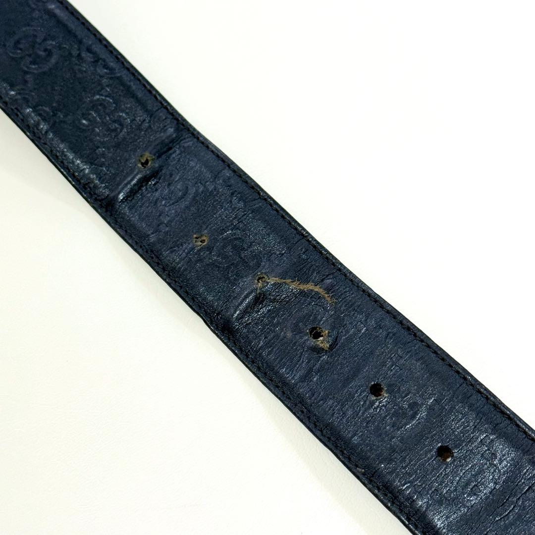 GUCCI インターロッキング シマレザーベルト GG柄 ゴールド金具 ブラック