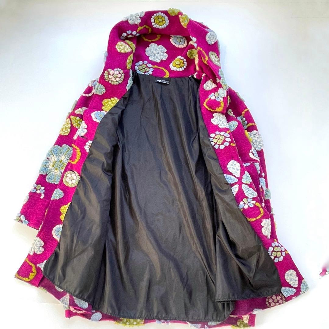 イタリア製　ウールコート　花柄　パープル　マルチカラー　フード付き