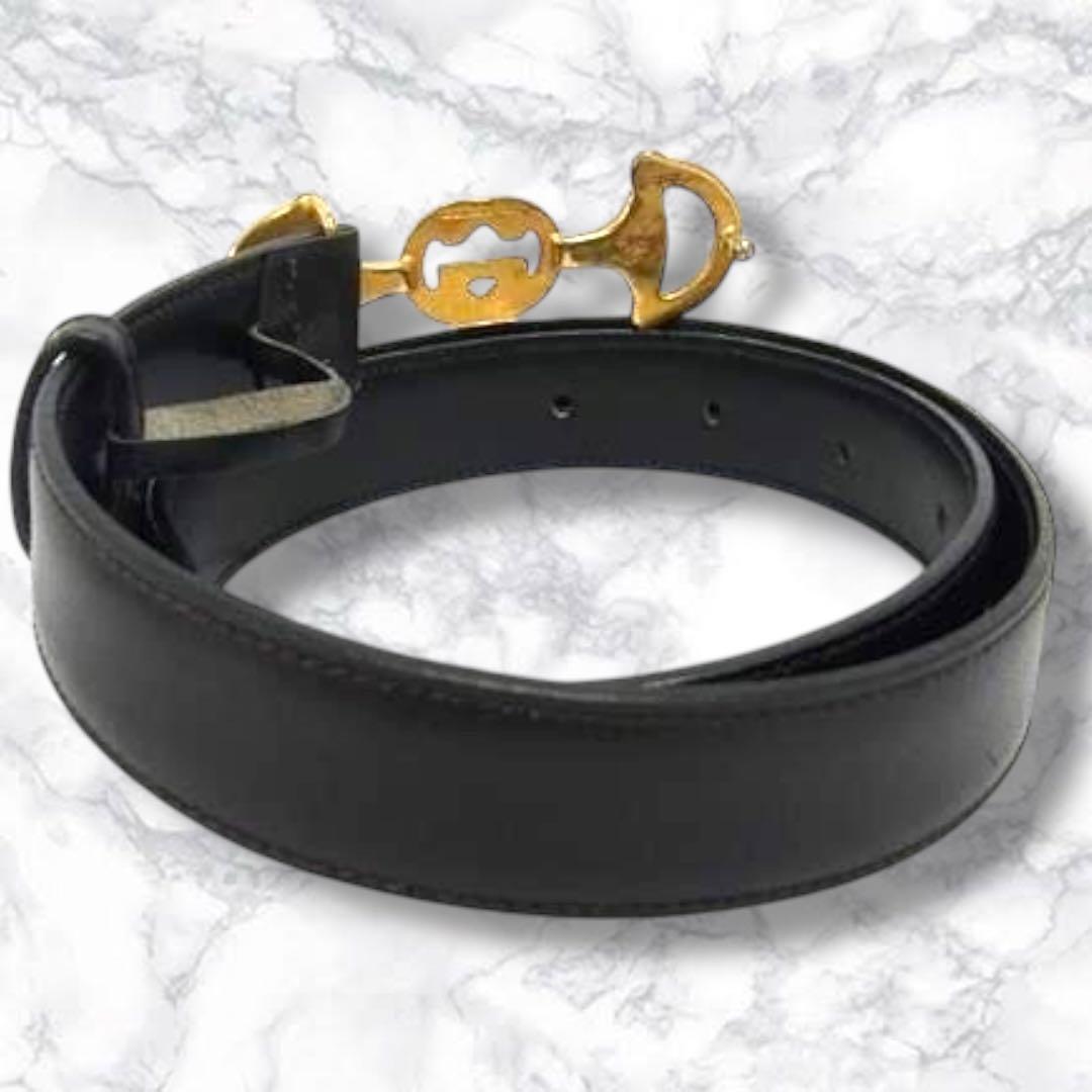 希少 グッチ ベルト ズゥミ インターロッキング ホースビット 金 黒 レザー