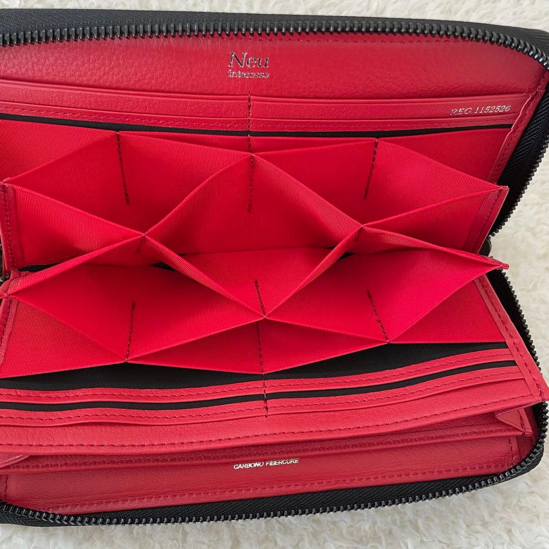 【未使用】ノイインテレッセ 長財布 ラウンドファスナー 黒 赤 カーボンレザー
