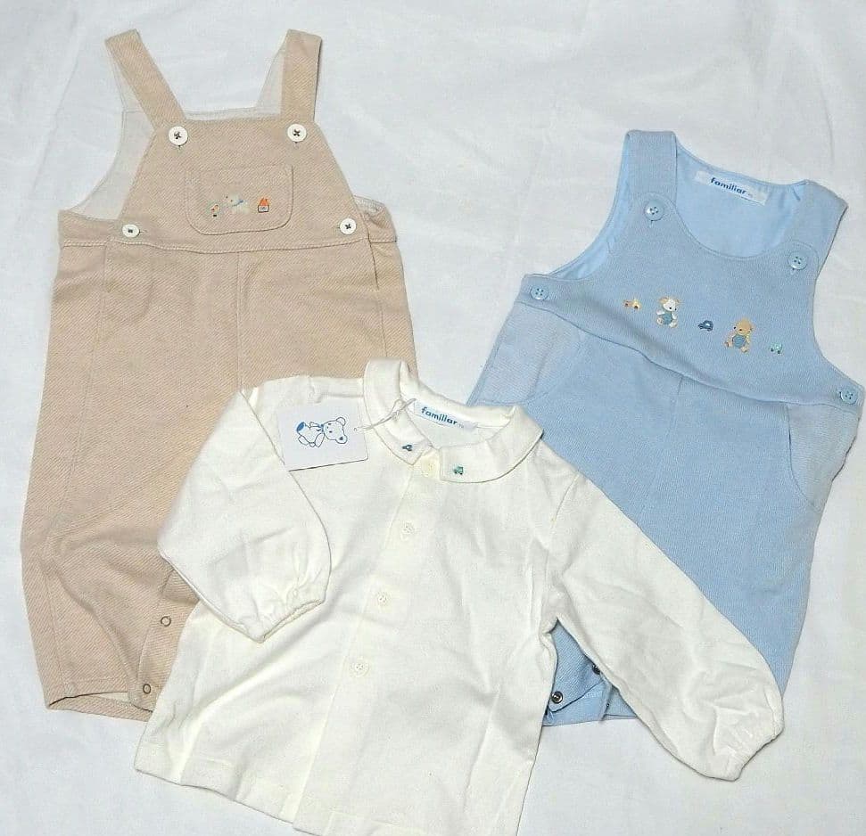 ファミリア サロペット ロンパース オーバーオール ベージュ ブルー 70