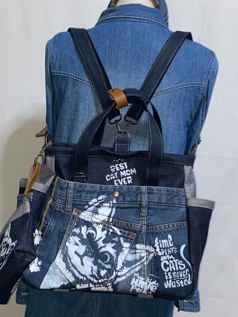 セール☆岡山デニム☆ダメージデニム☆☆トラネコ☆リュック対応☆4wayバッグ