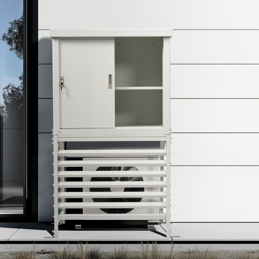 ホワイト エアコン室外機カバー 収納庫 鍵付き 日よけ 棚 収納